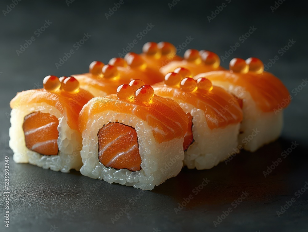 Fresh Salmon Sushi with Delicate Toppings on Black Plate, Artfully Arranged, Traditional Japanese Cuisine, Culinary Delight for Foodies and Sushi Lovers Fresh Salmon Sushi with Delicate Toppings on Black Plate, Artfully Arranged, Traditional Japanese Cuisine, Culinary Delight for Foodies and Sushi Lovers