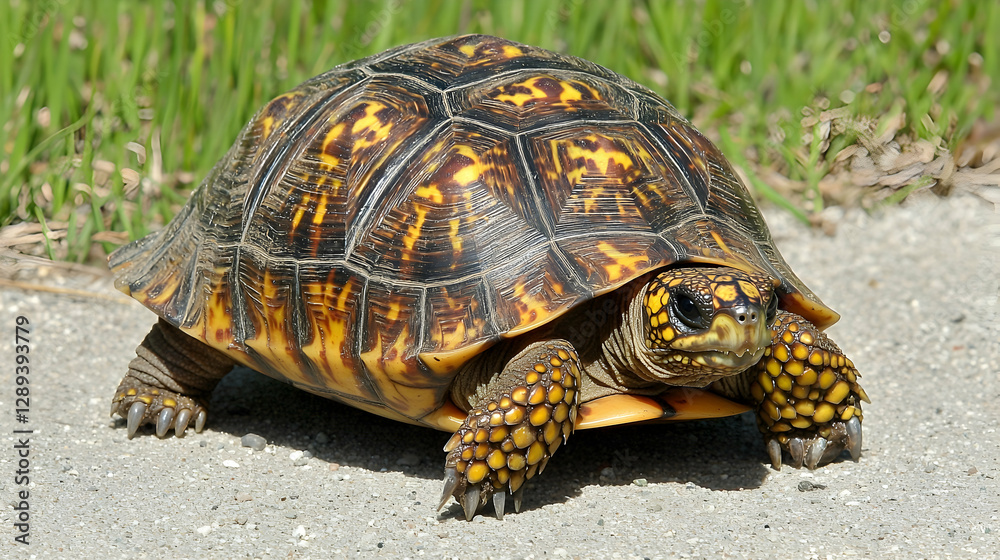 Tortoise crossing grassy roadside, slow motion, nature background, wildlife conservation Tortoise crossing grassy roadside, slow motion, nature background, wildlife conservation