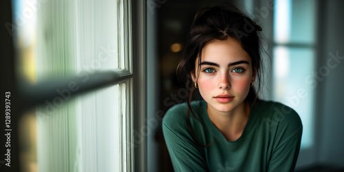 Attractive young woman in the living room next to a window Free Download Attractive young woman in the living room next to a window - GFXLoad