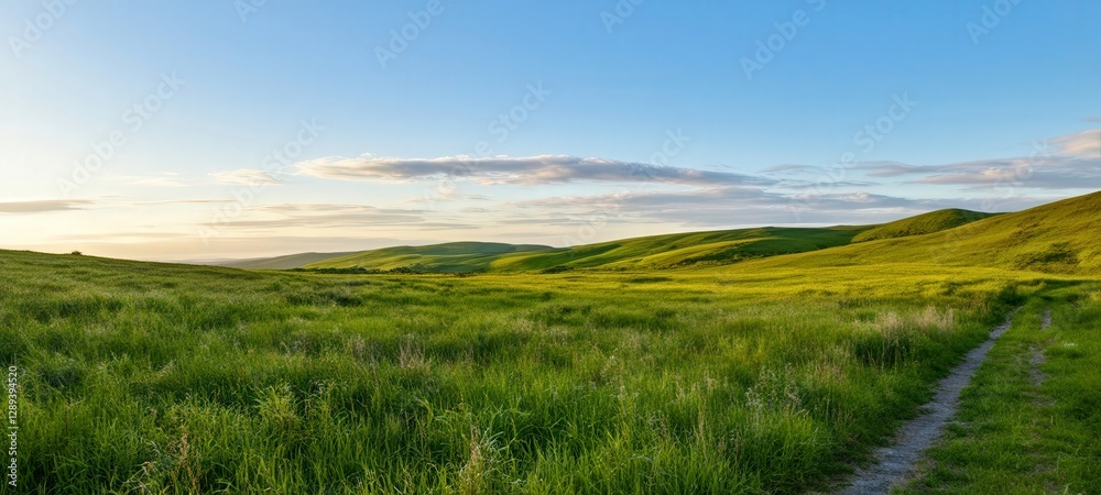 Fototapeta premium Large, open field with a clear blue sky. The grass is lush and green, and there is a dirt road running through the middle of the field. The scene is peaceful. For background, poster, banner