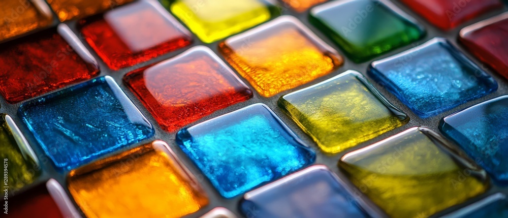 A close-up of colorful glazed tiles arranged in a grid, vibrant and capturing artistic expression. A close-up of colorful glazed tiles arranged in a grid, vibrant and capturing artistic expression.