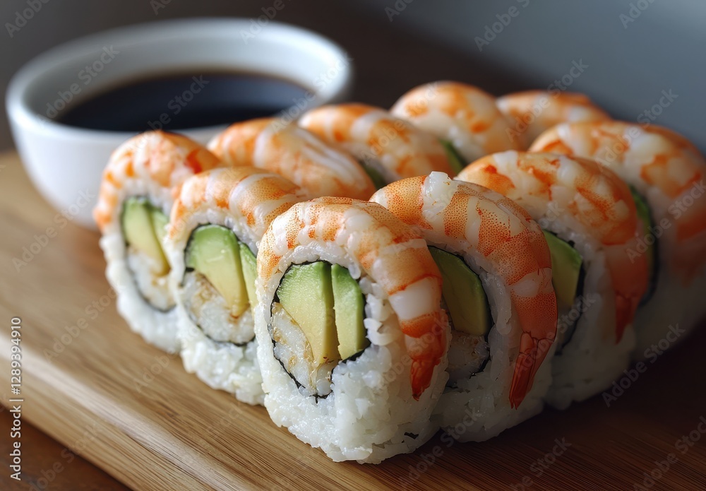 Fresh shrimp sushi rolls arranged neatly on a wooden platter accompanied by a small bowl of soy sauce for a delicious dining experience Fresh shrimp sushi rolls arranged neatly on a wooden platter accompanied by a small bowl of soy sauce for a delicious dining experience