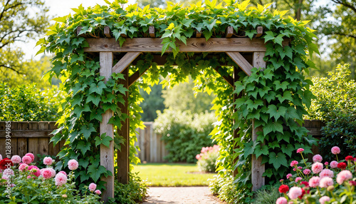 Lush garden arbor draped in ivy surrounded by vibrant flowers, tranquility