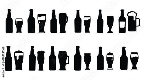 Beer Bottle and Glass Icon Set - Brewery Silhouettes, Alcohol Beverage Vector Collection