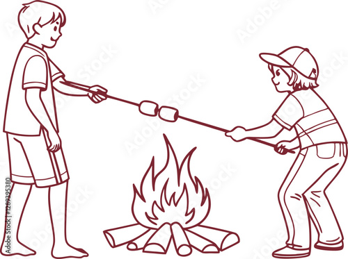 Cozy Campfire Scene – Two Boys Roasting Marshmallows Vector
