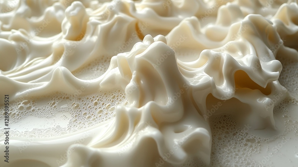 Abstract close-up of creamy textured waves of milk or cream with bubbles, showcasing smooth, flowing forms and depth.