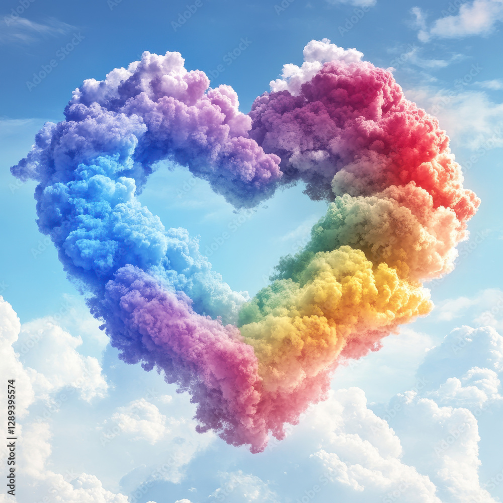 Fototapeta premium LGBTQ+ pride heart symbol in the sky, made from colorful clouds, isolated white background, cinematic 8K hyper-realism 