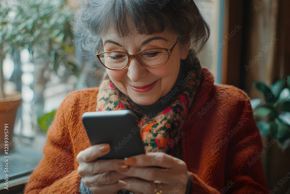 Happy older woman using her smartphone, typing message, choose goods, buying services, enjoying remote chat with friend or online communication, read news, check planner or organizer using app Happy older woman using her smartphone, typing message, choose goods, buying services, enjoying remote chat with friend or online communication, read news, check planner or organizer using app