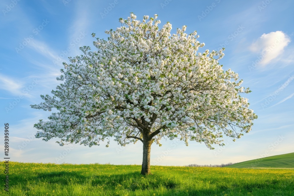 Blossoming Tree in a Meadow: A vibrant image showcasing a lush flowering tree set against a blue sky and green field, embodying spring. Blossoming Tree in a Meadow: A vibrant image showcasing a lush flowering tree set against a blue sky and green field, embodying spring.