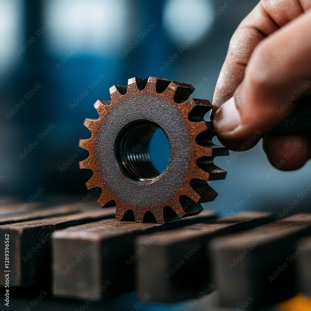 Hand placing a rusty cogwheel onto a stack of steel bars in an industrial workshop, illustrating craftsmanship and engineering Hand placing a rusty cogwheel onto a stack of steel bars in an industrial workshop, illustrating craftsmanship and engineering