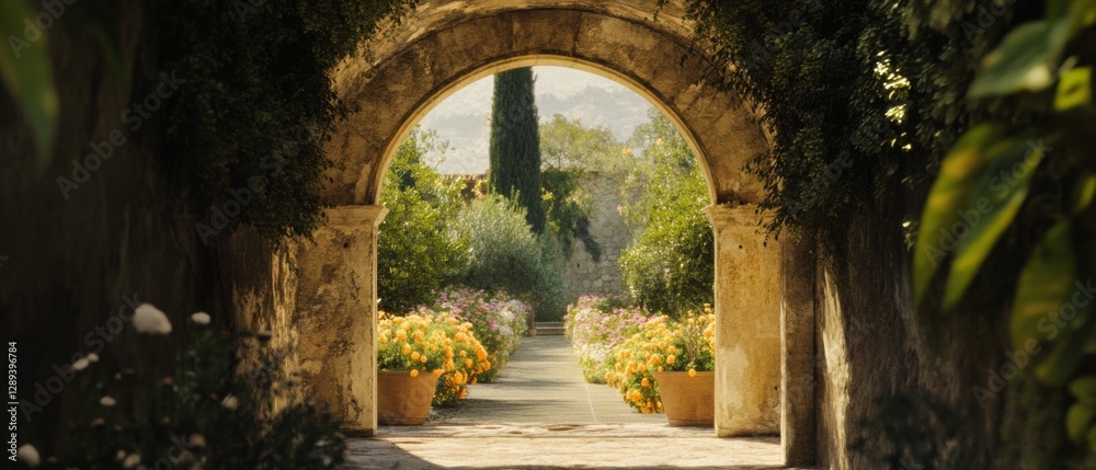 Fototapeta premium Sunlit medieval arch frames lush garden path flanked by vibrant flowers, leading toward distant greenery under clear skies.