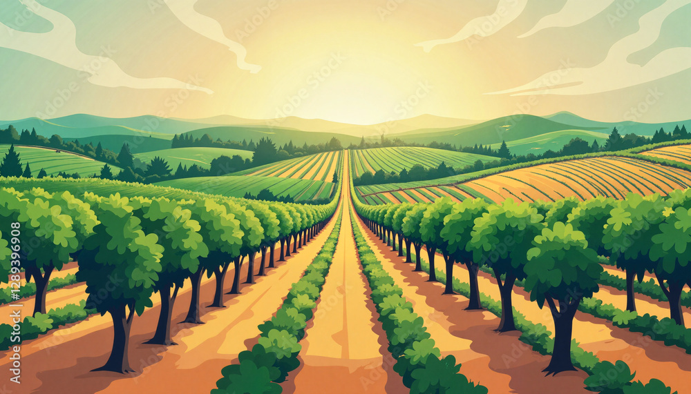 Naklejka premium Stylized vineyard landscape at sunset, nature's bounty