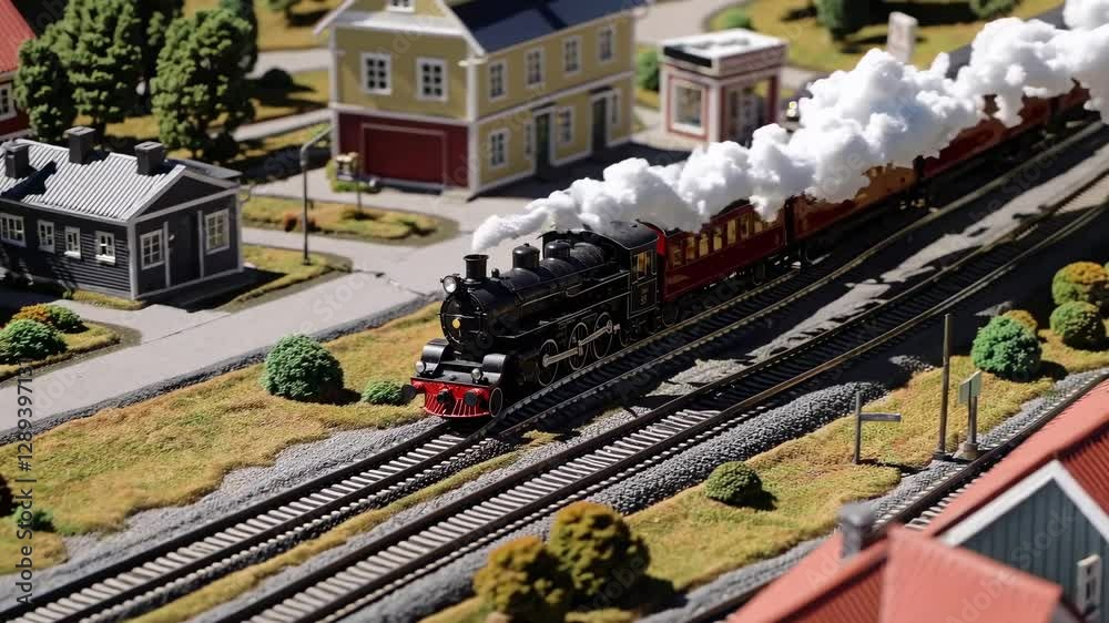Miniature model train set in motion, captured from an elevated angle, showcasing detailed scenery. Ideal for a nostalgic video project.