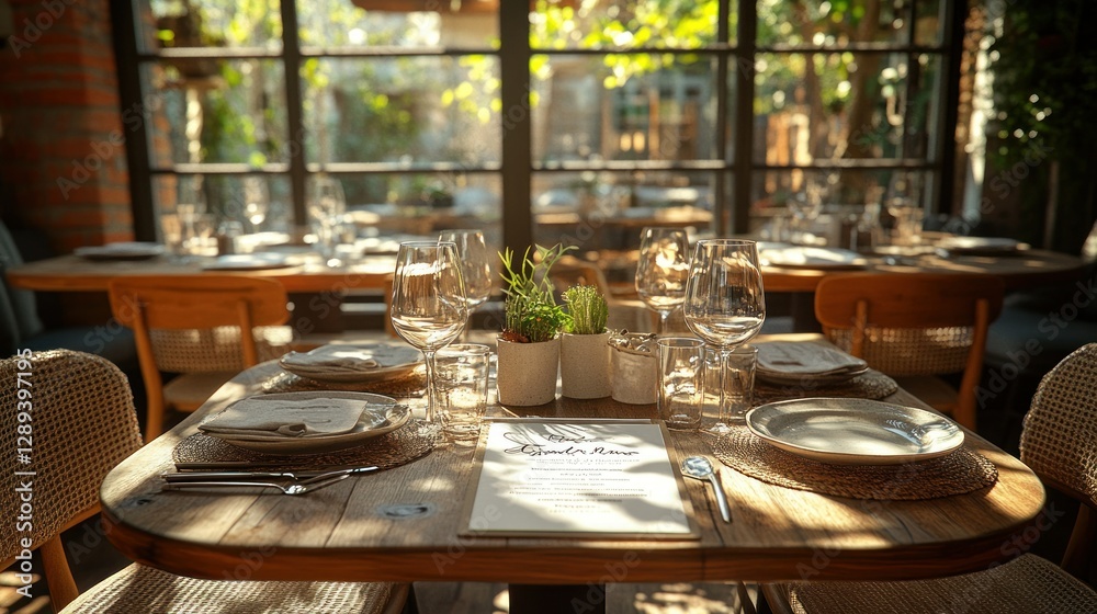 Fototapeta premium Sunlit restaurant table setting, garden view, menu, lunch
