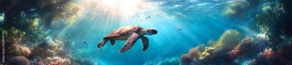 Fototapeta premium A peaceful sea turtle gliding through a coral reef under bright sunlight. Generative AI