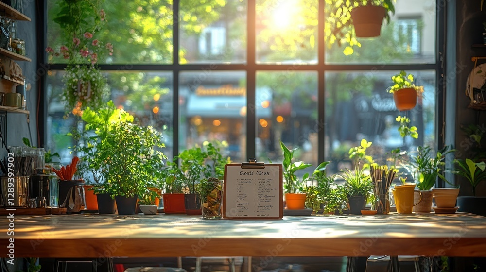Sunny cafe counter, menu, plants, city view, drinks