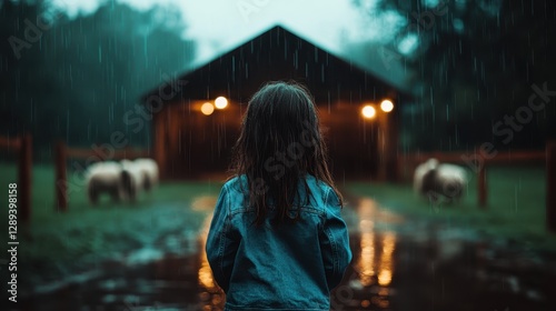 This image captures a girl standing amidst a rainy farm scene, with sheep around her and a barn in the background, revealing her curiosity and sense of wonder. photo