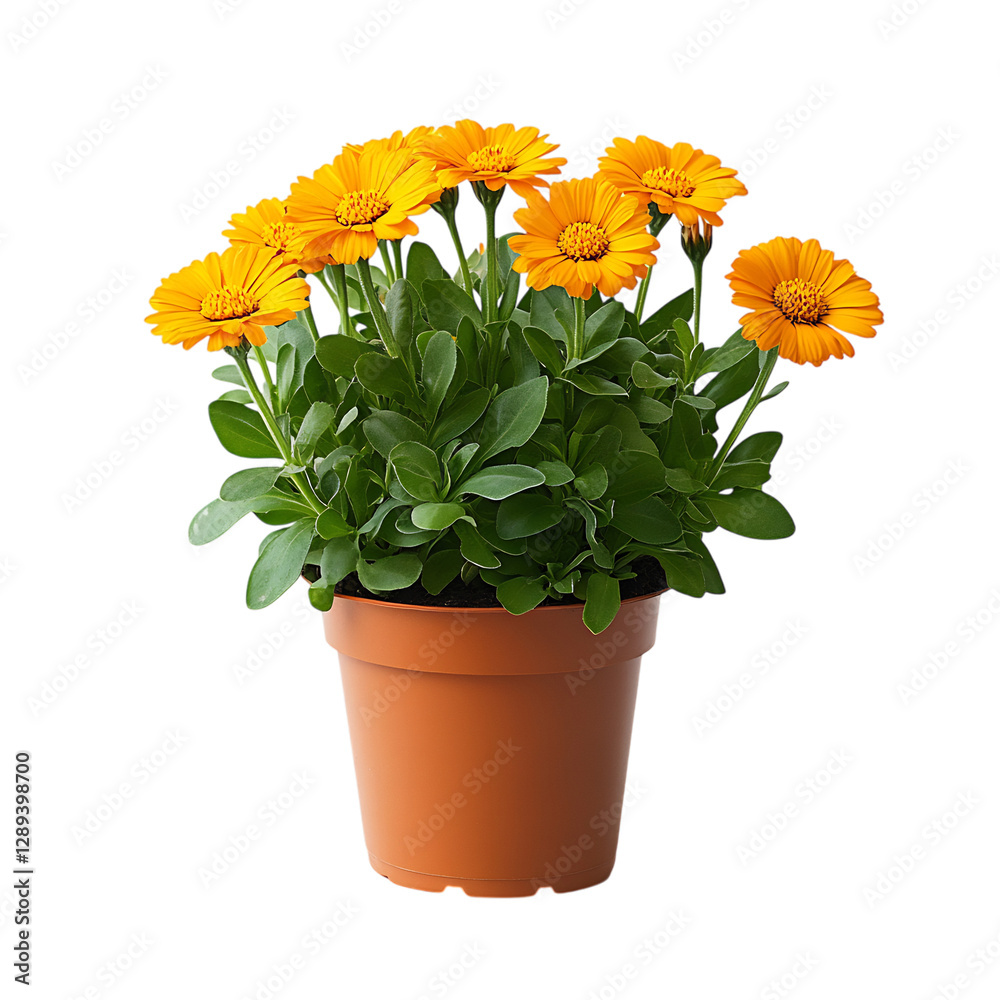 A Small Potted Calendula Plant with Bright Orange Flowers Isolated on Transparent Background A Small Potted Calendula Plant with Bright Orange Flowers Isolated on Transparent Background