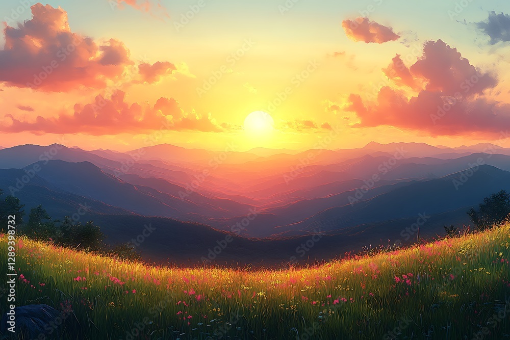 Breathtaking mountain sunset with vibrant colors and grasses. Breathtaking mountain sunset with vibrant colors and grasses.