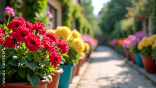 Wallpaper Mural Geraniums in bright pots lining a charming garden path Torontodigital.ca