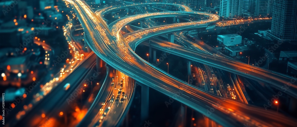 Intricate aerial view of a bustling urban interchange network glowing warmly, capturing the essence of modern city life and infrastructure. Intricate aerial view of a bustling urban interchange network glowing warmly, capturing the essence of modern city life and infrastructure.