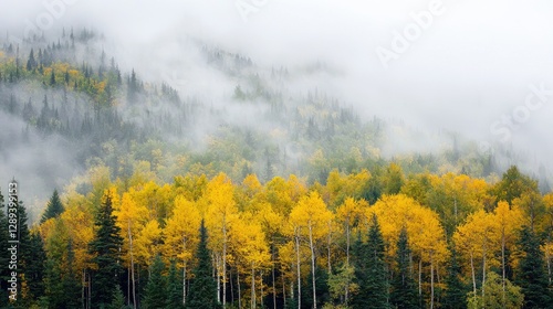 Autumn fog mountain landscape, misty forest, fall colors