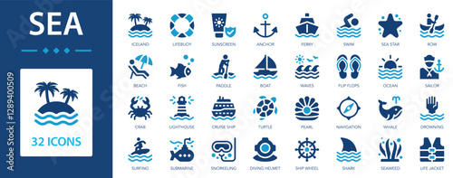 Sea flat icons collection. Summer, ocean, water, fish, vacation, underwater, island, tour, climate, contamination, tourism, anchor, wave, ship sign set.