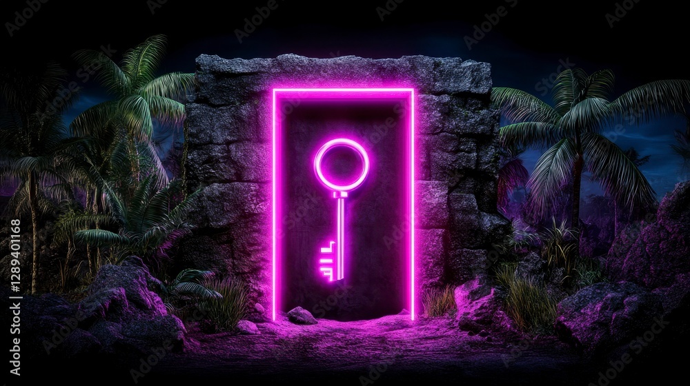 Fototapeta premium An illuminated door with a glowing key symbol set against a dramatic tropical landscape under a nighttime sky