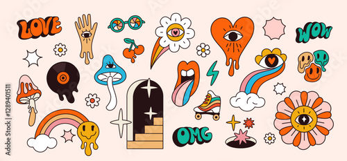 Psychedelic objects. Abstract bright symbols. Groovy acid elements. Retro hippy style. Hallucinogenic mushroom. Melting emoticons. Ladder to stars. Love heart with eye. Garish vector set