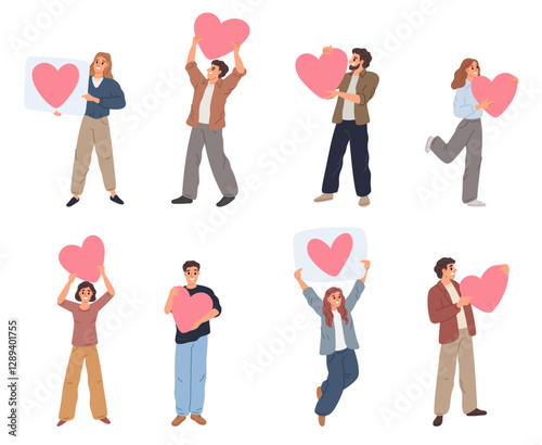 People with love hearts. Happy man holding romance symbols. Woman showing placard. Passion feeling demonstration. Emotion expression. Romantic relationship. Joyful persons vector set