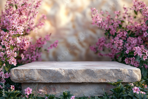 Empty rock podium with pink flowers for product placement with magical forest in the background with sun rays and mist creating a dreamy atmosphere