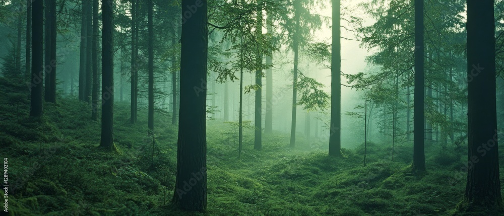 Obraz premium A mystical fog blankets a dense, lush forest, where towering trees stand quietly amidst a peaceful, green undergrowth, invoking a sense of calm and mystery.