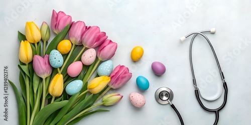  A festive Easter composition with colorful tulips, decorated eggs, and a stethoscope on a light background. A symbolic blend of spring, holiday celebration, and healthcare.