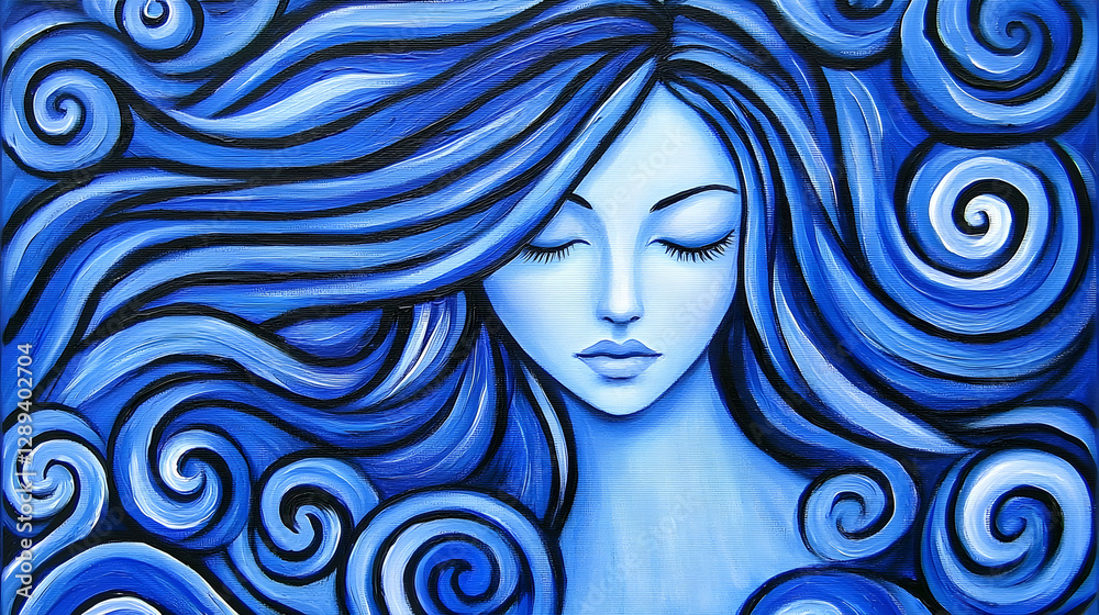 Serene Blue Woman, Abstract Swirls, Peaceful Canvas, Art Print Serene Blue Woman, Abstract Swirls, Peaceful Canvas, Art Print