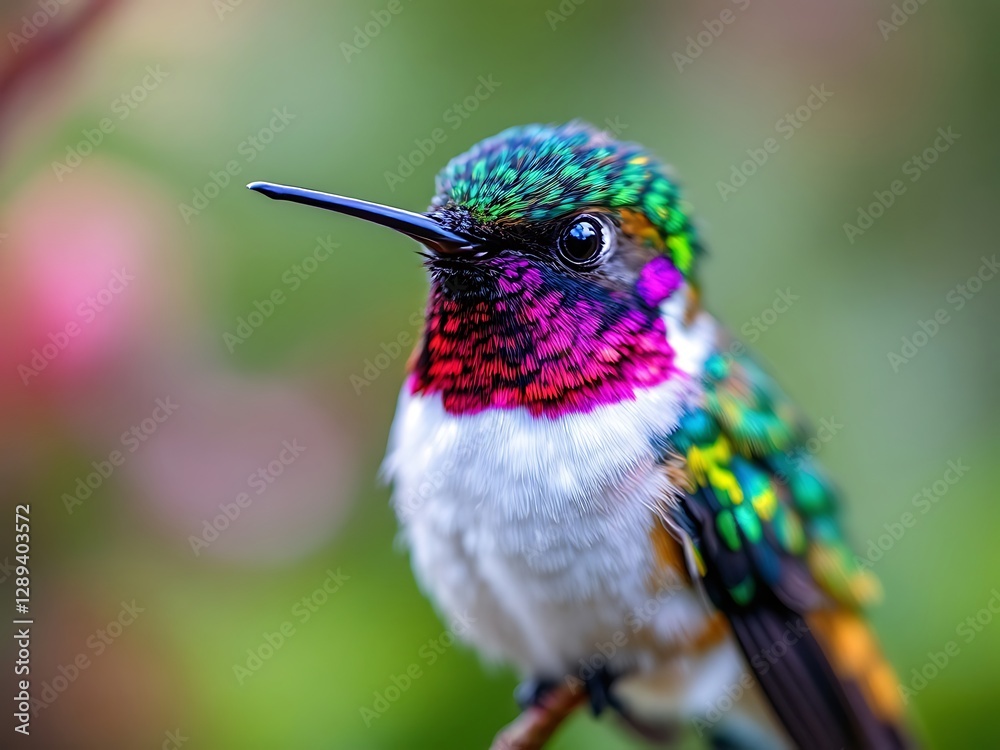 Fototapeta premium Vibrant Hummingbird with Iridescent Plumage in Close-Up
