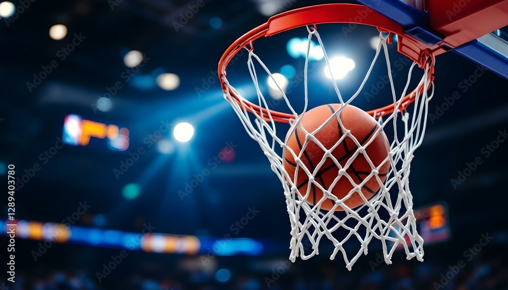 Basketball hoop with ball going through net, close-up shot Basketball hoop with ball going through net, close-up shot