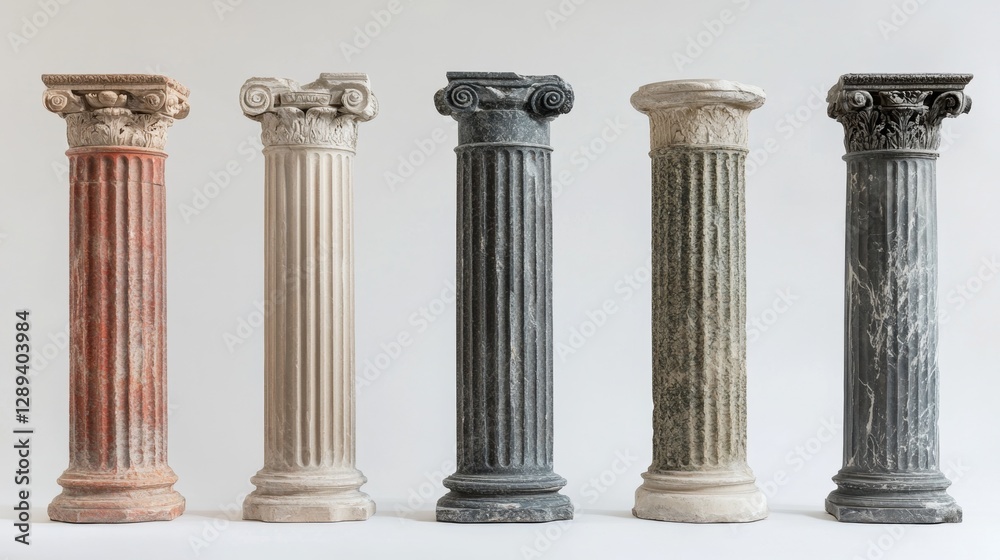 Six ancient Greek and Roman columns in linear form Six ancient Greek and Roman columns in linear form