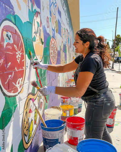 Female artist painting colorful mural on brick wall with paint brushes