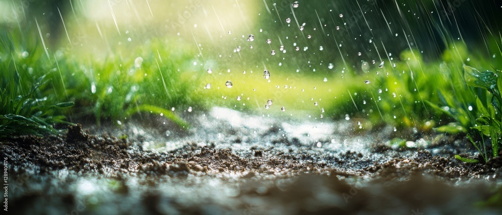 Rain droplets dance upon the ground, creating a vibrant interaction between water and earth, framed by blades of grass catching sunlight. Rain droplets dance upon the ground, creating a vibrant interaction between water and earth, framed by blades of grass catching sunlight.