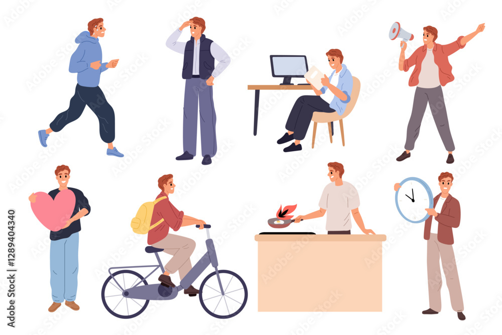 Man activities. Male character in different poses. Various casual clothes. Guy running or riding bike. Cooking breakfast. Person at workplace. Time clock. Protest rally. Garish vector set Man activities. Male character in different poses. Various casual clothes. Guy running or riding bike. Cooking breakfast. Person at workplace. Time clock. Protest rally. Garish vector set