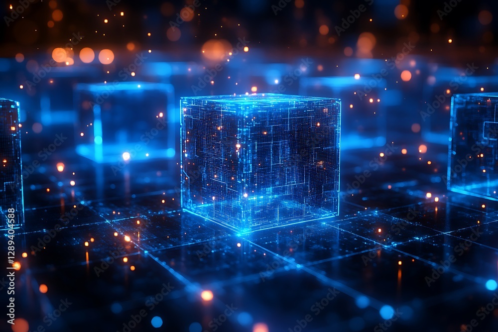 Fototapeta premium Futuristic Digital Cube with Glowing Circuitry