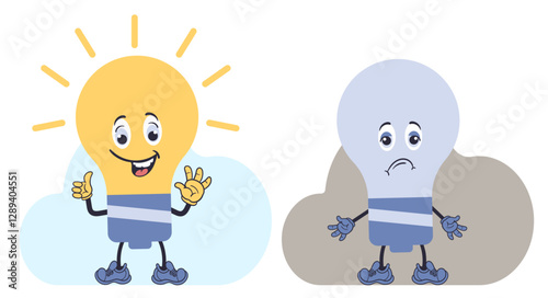 Funny and sad cartoon light bulb. Idea lamp. Broken brainstorm. Extinguished lightbulb. Glowing or burnout. Creativity failure. Invention lighting. Motivation power. Vector concept