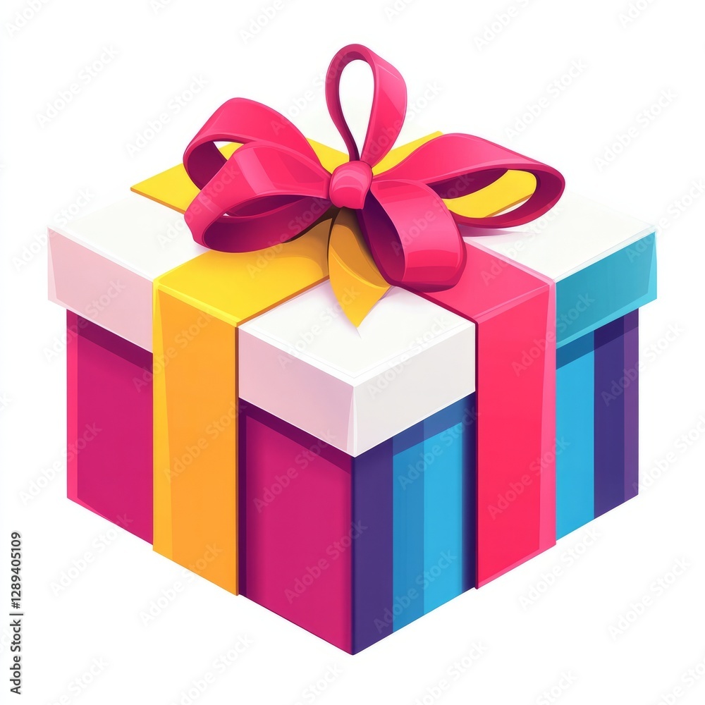 Trendy flat gift box icon featuring bright vibrant colors and symmetrical ribbon bow, on white 