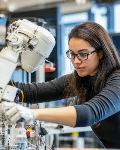 Female robotics engineer programming a robot in laboratory