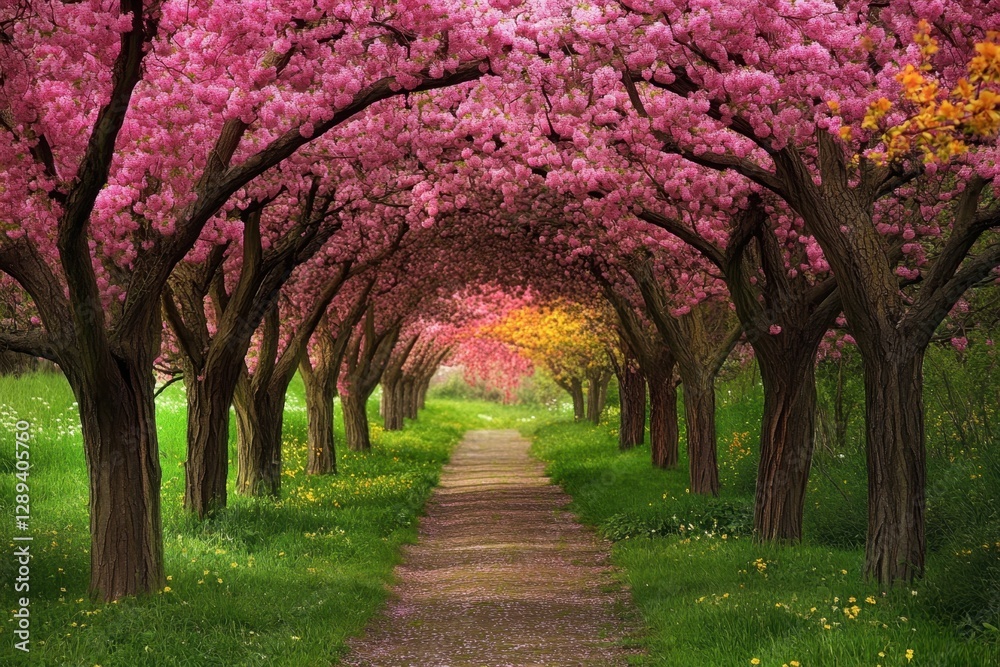 Blossom canopy creates a serene pathway. The walkway is lined with trees adorned with bright pink flowers, creating a beautiful landscape. Blossom canopy creates a serene pathway. The walkway is lined with trees adorned with bright pink flowers, creating a beautiful landscape.