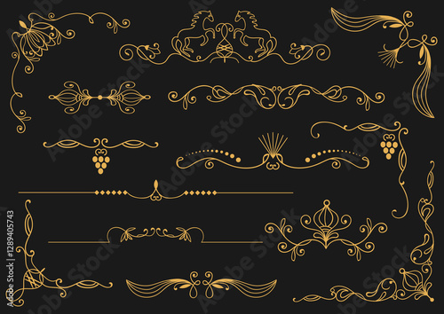 Art deco dividers and corners. Vintage elegant elements. Golden decorative borders. Flourish design. Retro book embellishment. Baroque ornament. Filigree separators. Splendid vector set