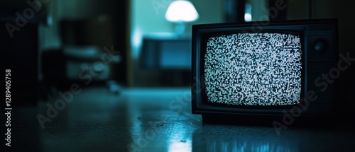 An old television displaying static in a dimly lit room evokes a sense of nostalgia and forgotten stories.