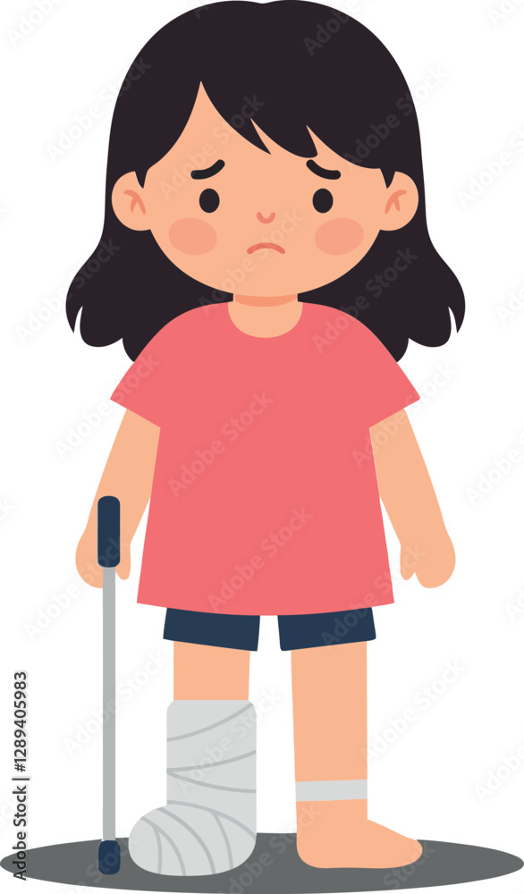 A young girl with a sad expression standing on one foot with a bandaged leg and crutches in a flat vector illustration A young girl with a sad expression standing on one foot with a bandaged leg and crutches in a flat vector illustration