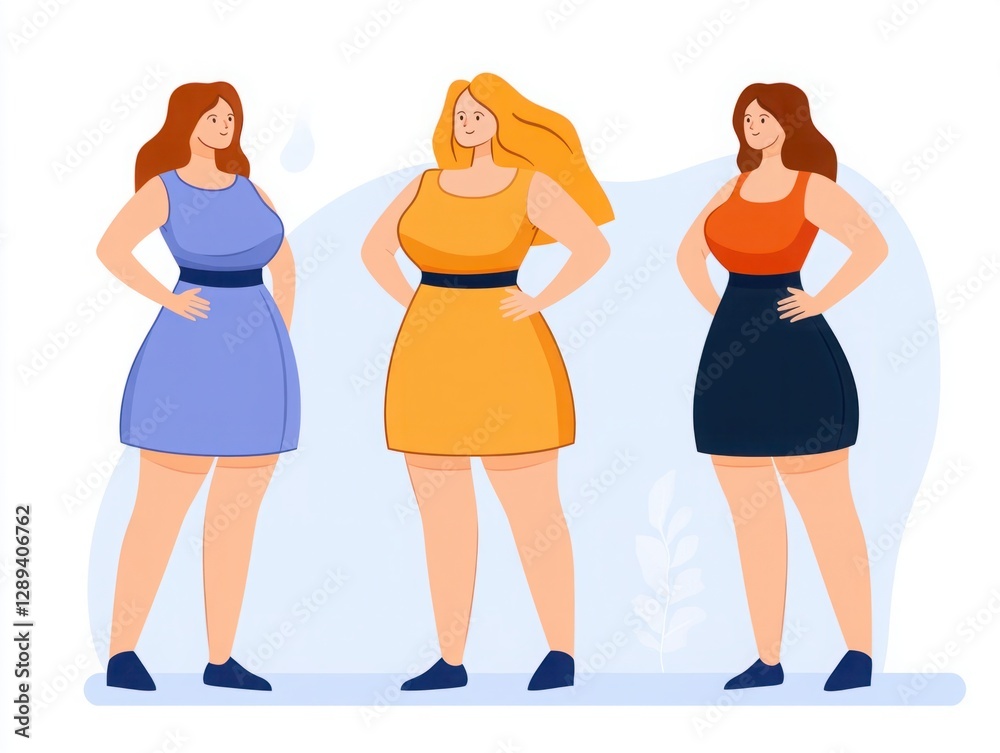 Women with Confident Poses in Colorful Dresses Showcasing Body Positivity and Individuality in a Modern Illustrative Style for Diverse Audiences Women with Confident Poses in Colorful Dresses Showcasing Body Positivity and Individuality in a Modern Illustrative Style for Diverse Audiences