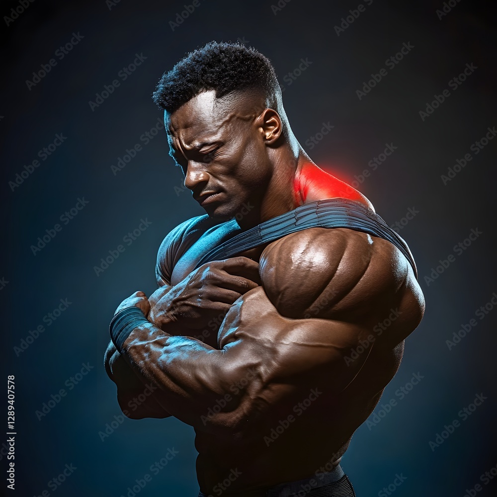 Muscular Bodybuilder in Dramatic Lighting Clutching Shoulder in Pain Muscular Bodybuilder in Dramatic Lighting Clutching Shoulder in Pain